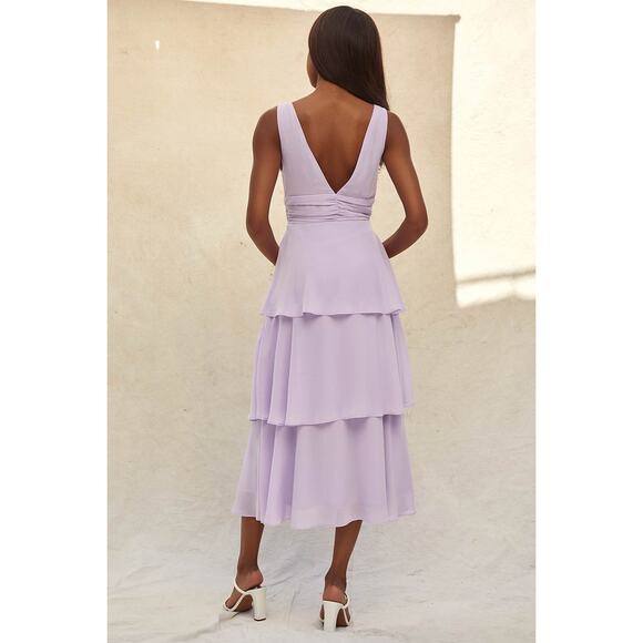 NWT Lulus Celebration Time Lavender Sleeveless Tiered Midi Dress Cocktail Sz L - Picture 3 of 8